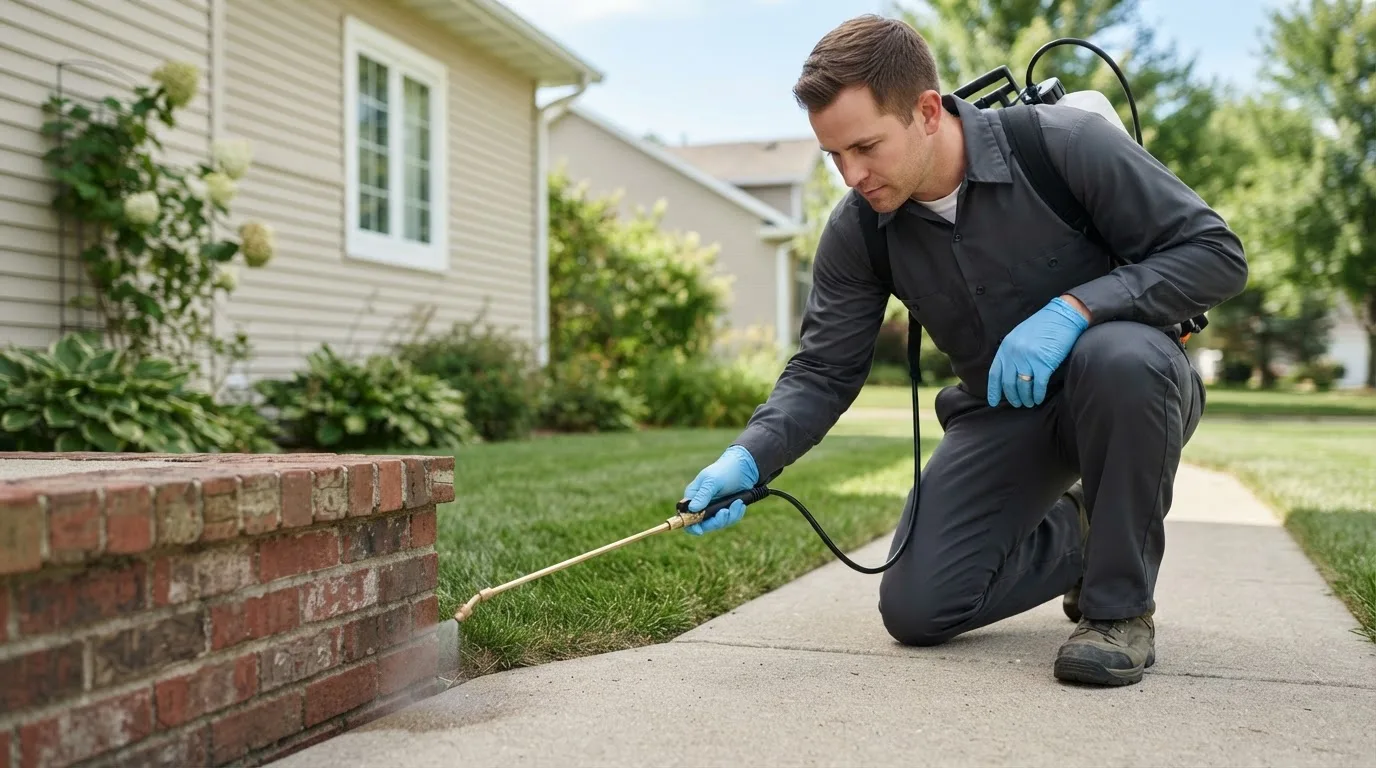 Pest control technician treating a home near Arnegard, ND
